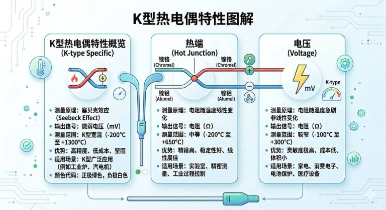 K 型热电偶专项技术图解，详细说明了其正极（镍铬/绿色）与负极（镍铝/白色）的材质组成、-200°C 至 +1300°C 的宽广测温范围、高精度特性以及在工业炉和汽电机中的典型应用。