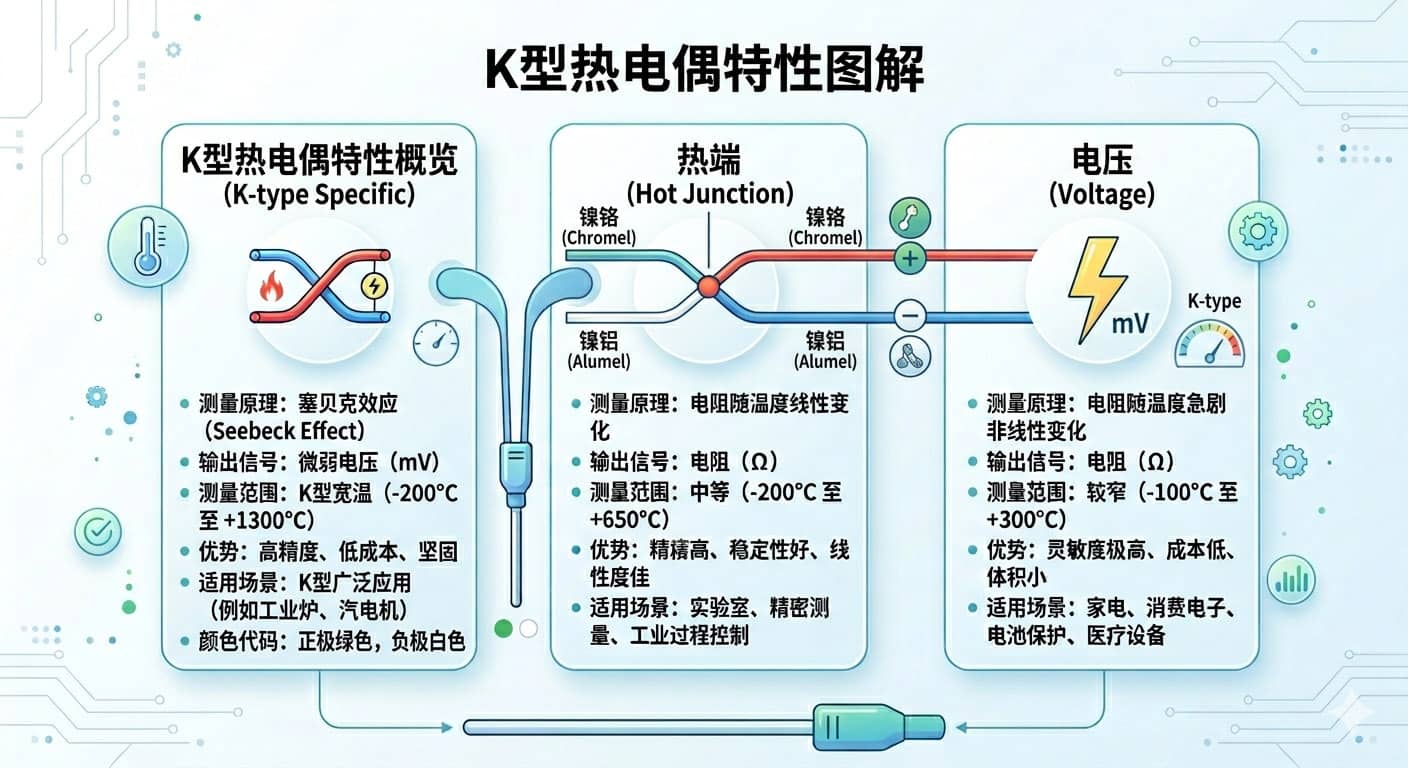K 型热电偶专项技术图解，详细说明了其正极（镍铬/绿色）与负极（镍铝/白色）的材质组成、-200°C 至 +1300°C 的宽广测温范围、高精度特性以及在工业炉和汽电机中的典型应用。