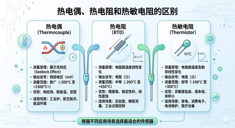 一张详细对比热电偶、热电阻和热敏电阻的图表，涵盖了各自的测量原理（塞贝克效应、线性电阻变化、非线性变化）、输出信号、测温范围、核心优势及典型工业应用场景。