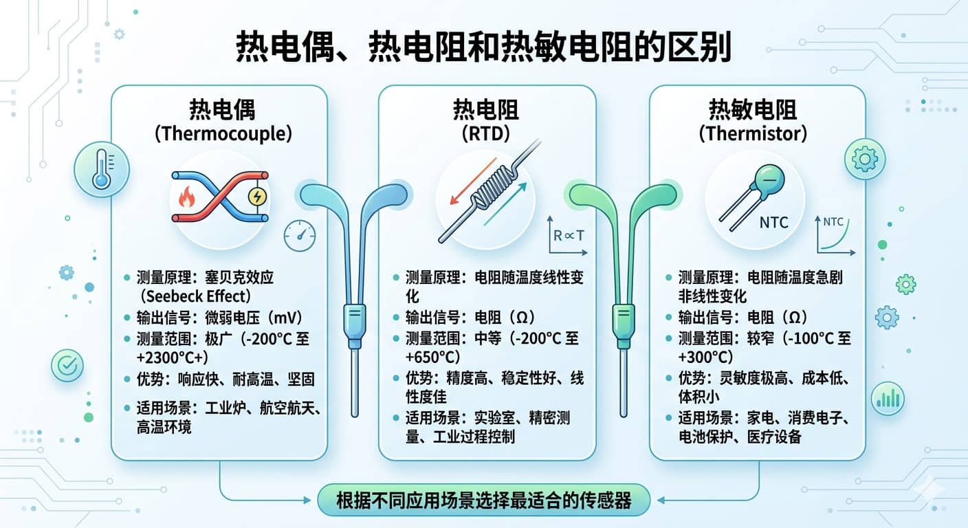 一张详细对比热电偶、热电阻和热敏电阻的图表，涵盖了各自的测量原理（塞贝克效应、线性电阻变化、非线性变化）、输出信号、测温范围、核心优势及典型工业应用场景。