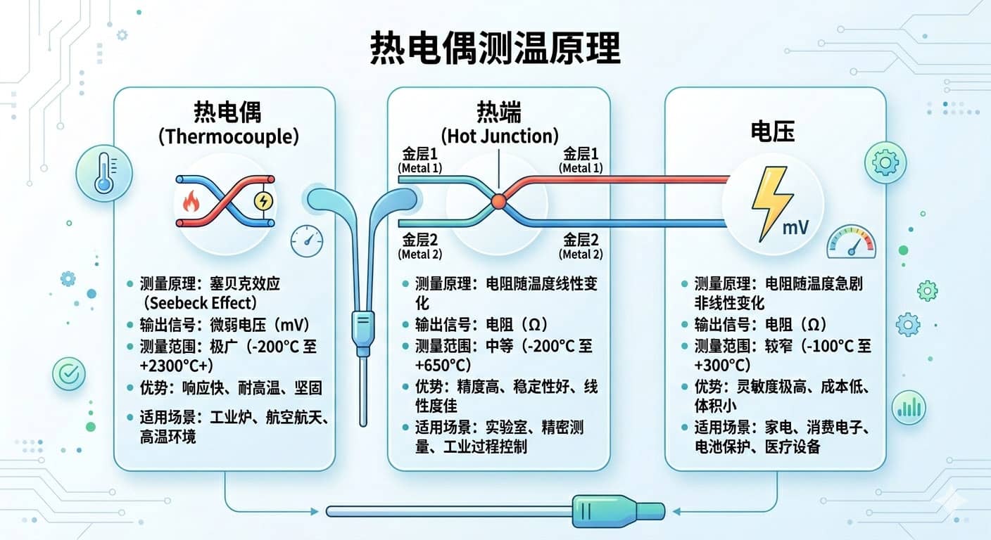 工业热电偶工作原理示意图，展示了两条不同金属线在热端焊接形成回路，因温差产生微弱电压（mV）的过程，并标注了热端、冷端及电压输出的关系。